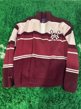 Men's Striped Burgundy Crewneck Rugby Sweater - Classic Pullover